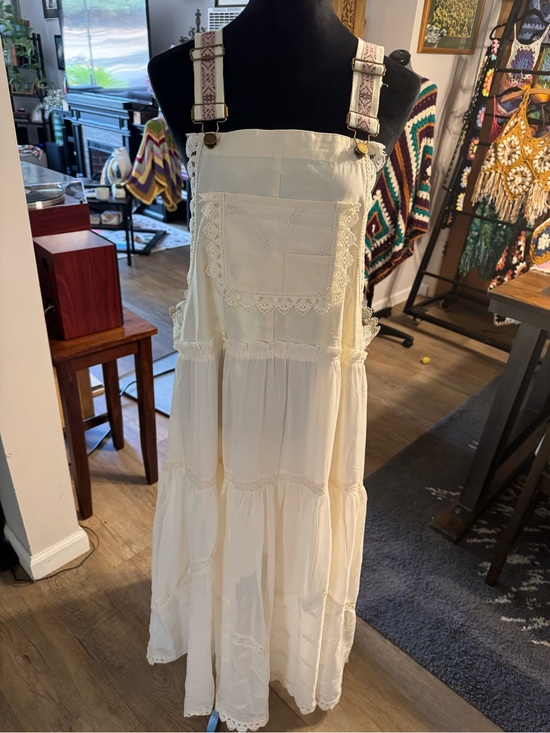 Dresses & Skirts - Boho Lace-Trim Cream Maxi Pinafore Dress